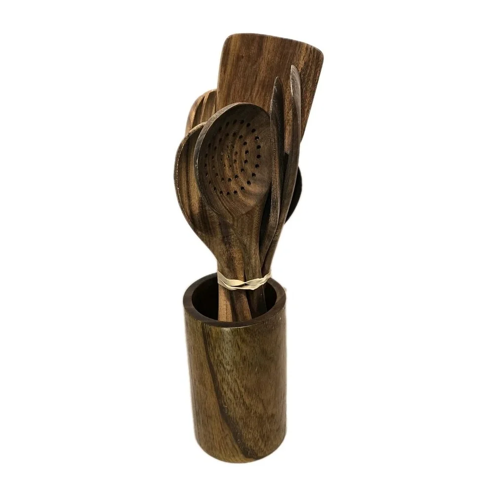Mooues Acacia Wood Utensil Set w Holder 8pc GUC Rustic Kitchen 🍴